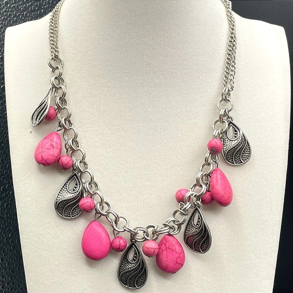 Vintage Teardrops Pink Stones Silver Dangles Adjustable Circle Links Necklace